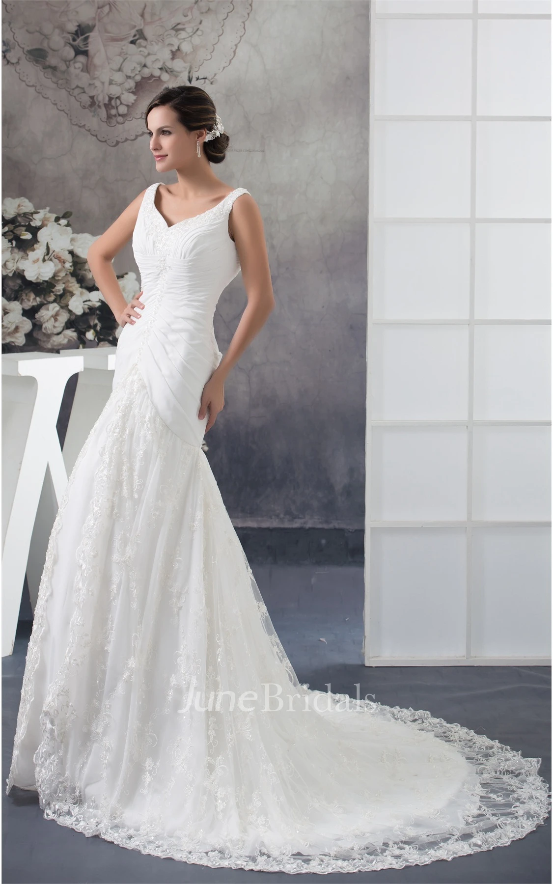 Strapped Column A-Line Dress with Appliques and Tulle Overlay