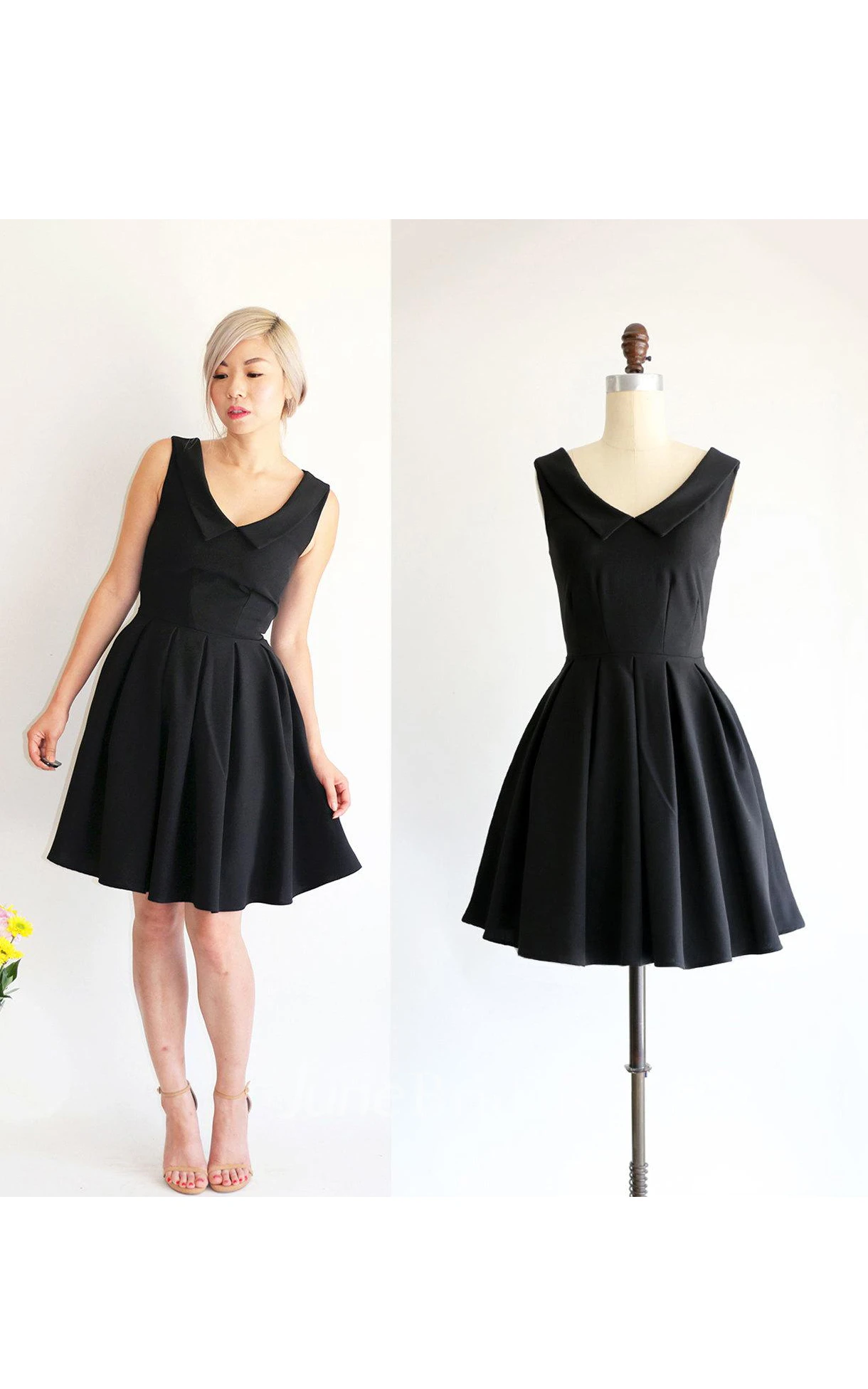 Short Black V Neck Satin Dress 