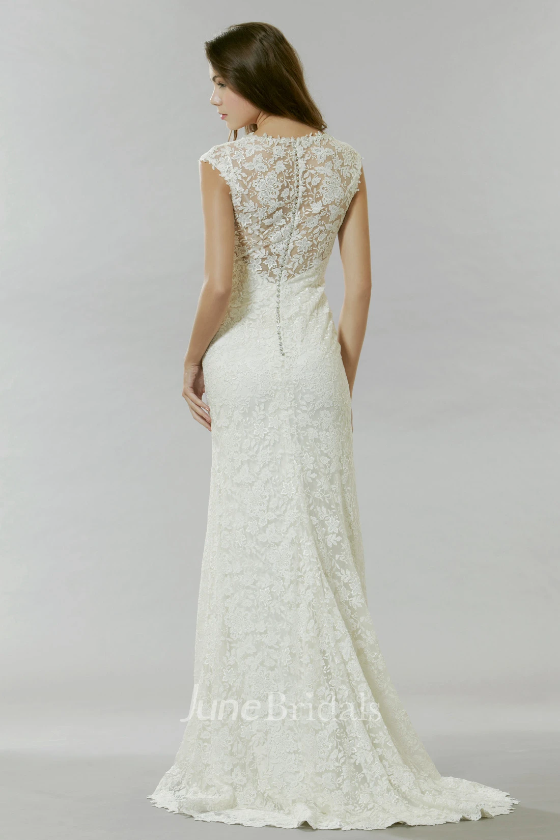Floor-Length V-Neck Cap-Sleeve Lace Wedding Dress With Brush Train And Illusion