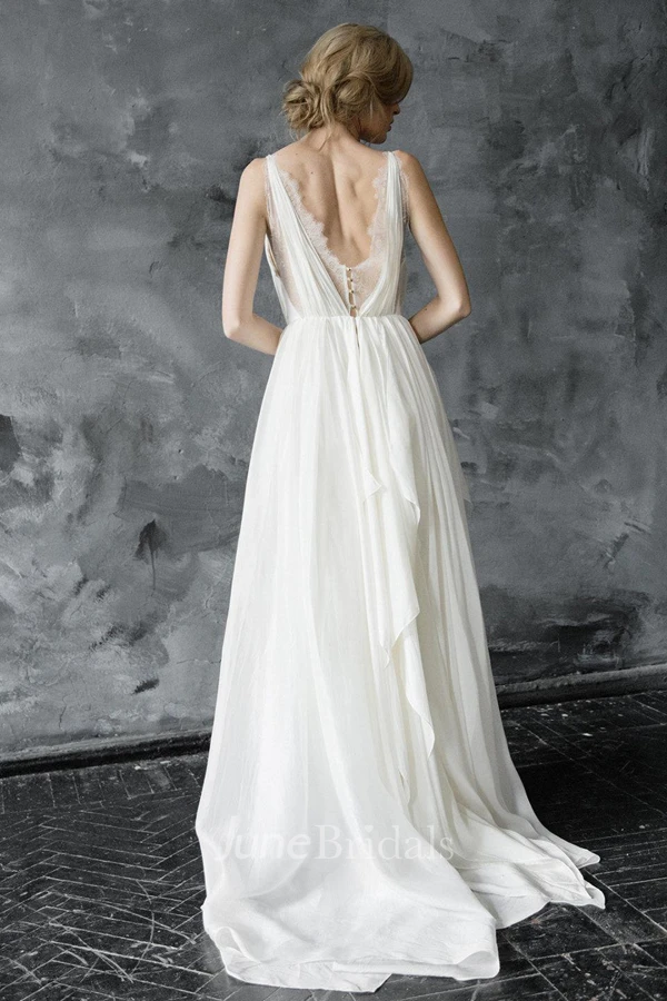 Plunged Sleeveless Chiffon Floor-Length Dress With Pleats And Draping