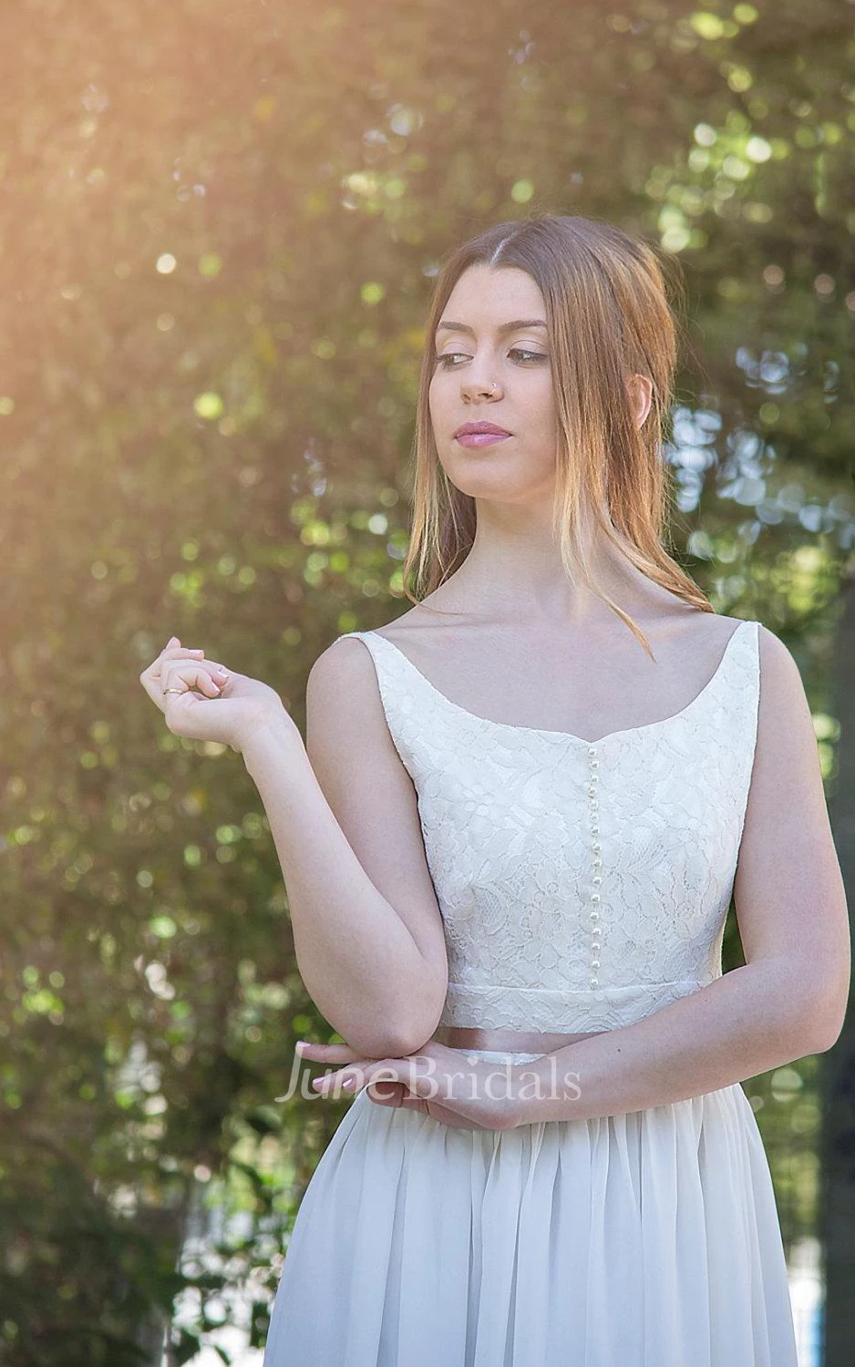 Boho Long Chiffon Wedding Gown With Lace Bodice and Crystal Detailing