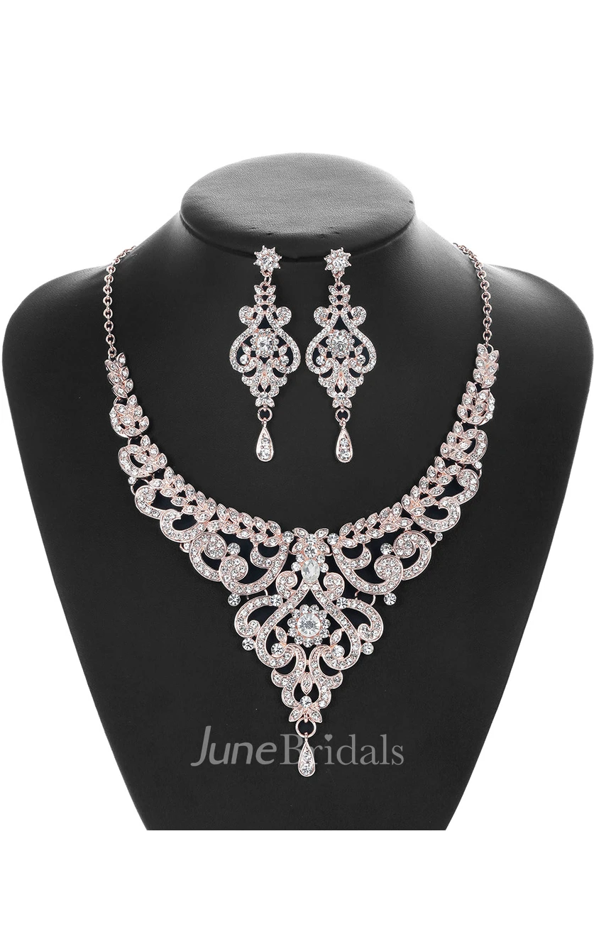 Trendy Rose Gold Rhinestone Necklace and Earrings Jewelry Set