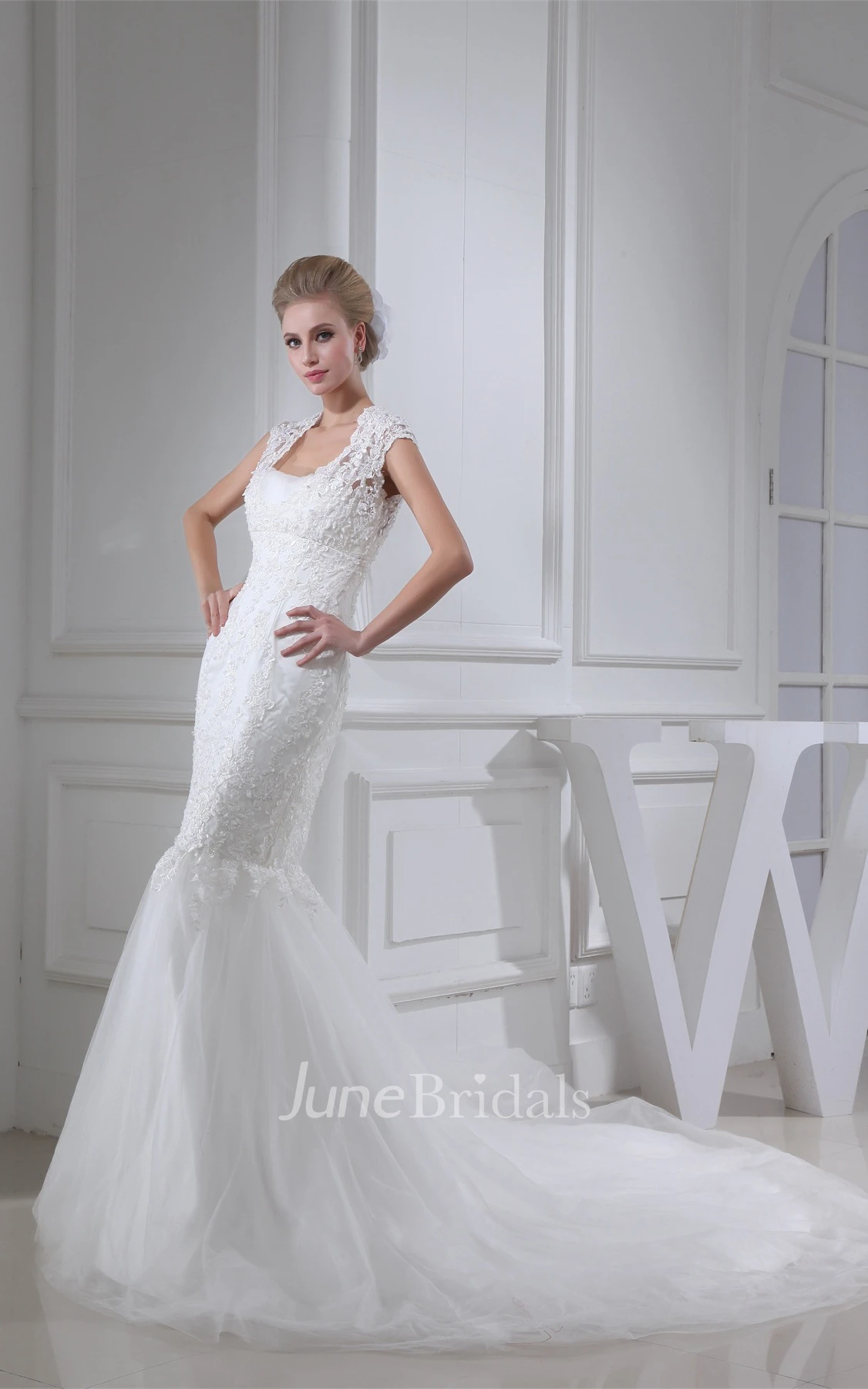 Queen-Anne Mermaid Tulle Dress with Appliques and Court Train