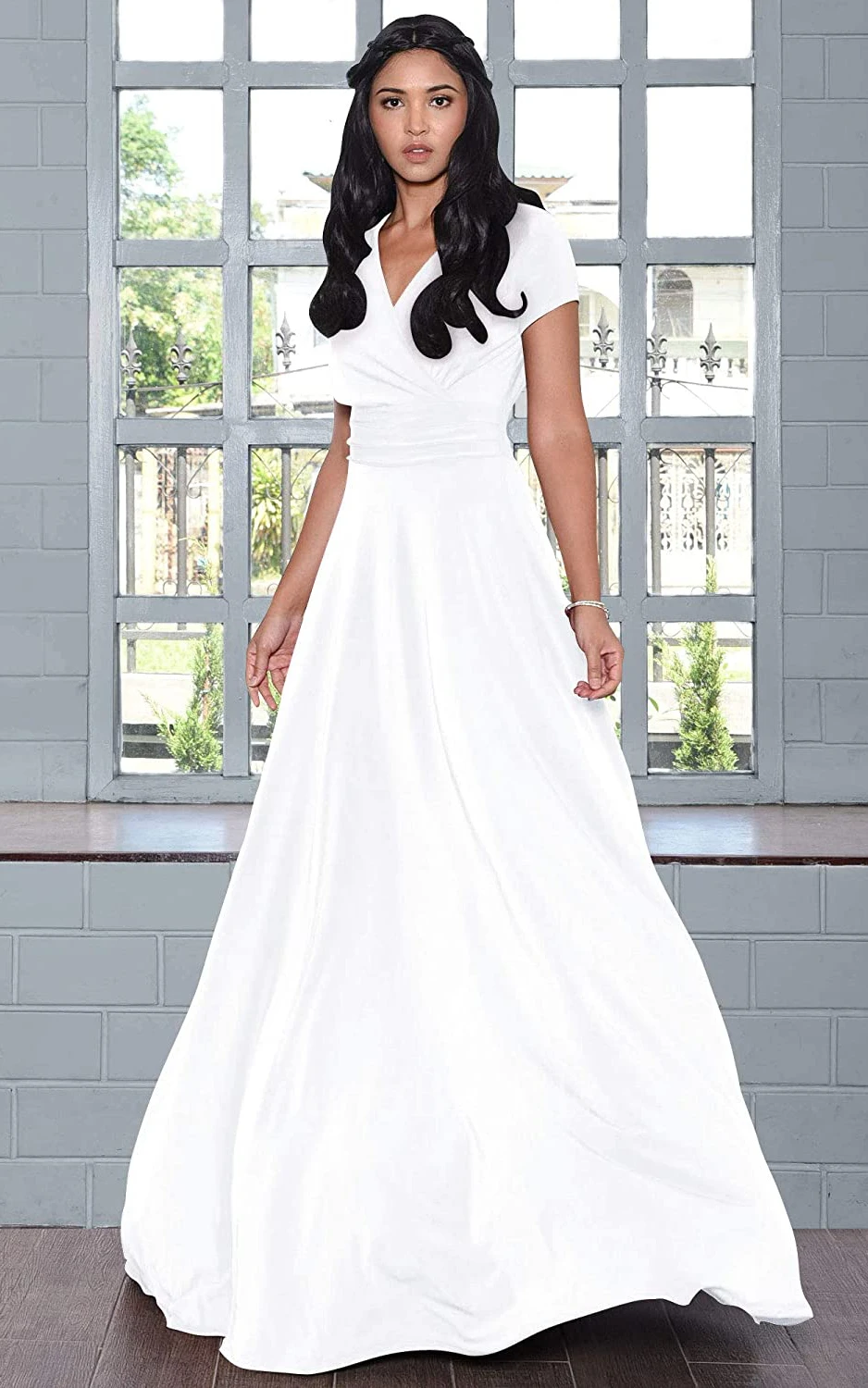 A Line V-neck Jersey Short Sleeve Prom Dress With Criss Cross and Pleats