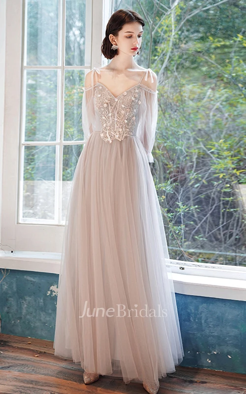 Bohemian Tulle Bateau Halter Off-the-shoulder A Line Evening Formal Dress With Appliques