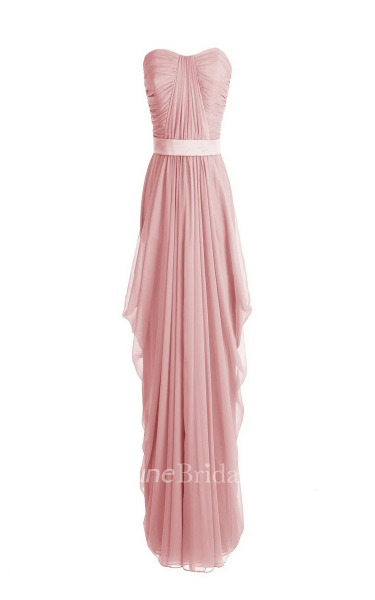 Strapless Asymmetrical Chiffon Gown With Pleats