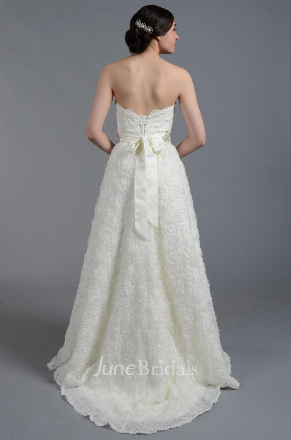 Sweetheart Pleated Beaded Waist Lace Dress With Rosette Skirt