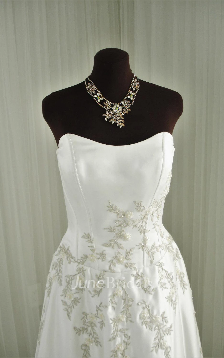 Strapless Long A-Line Satin Wedding Dress Embroidered Floral