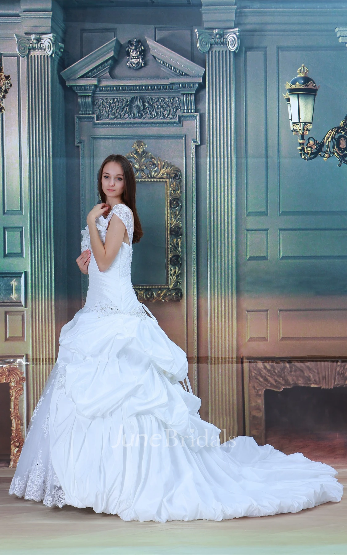 lace pick-up ball a-line strapped gown with pick-up design and beading