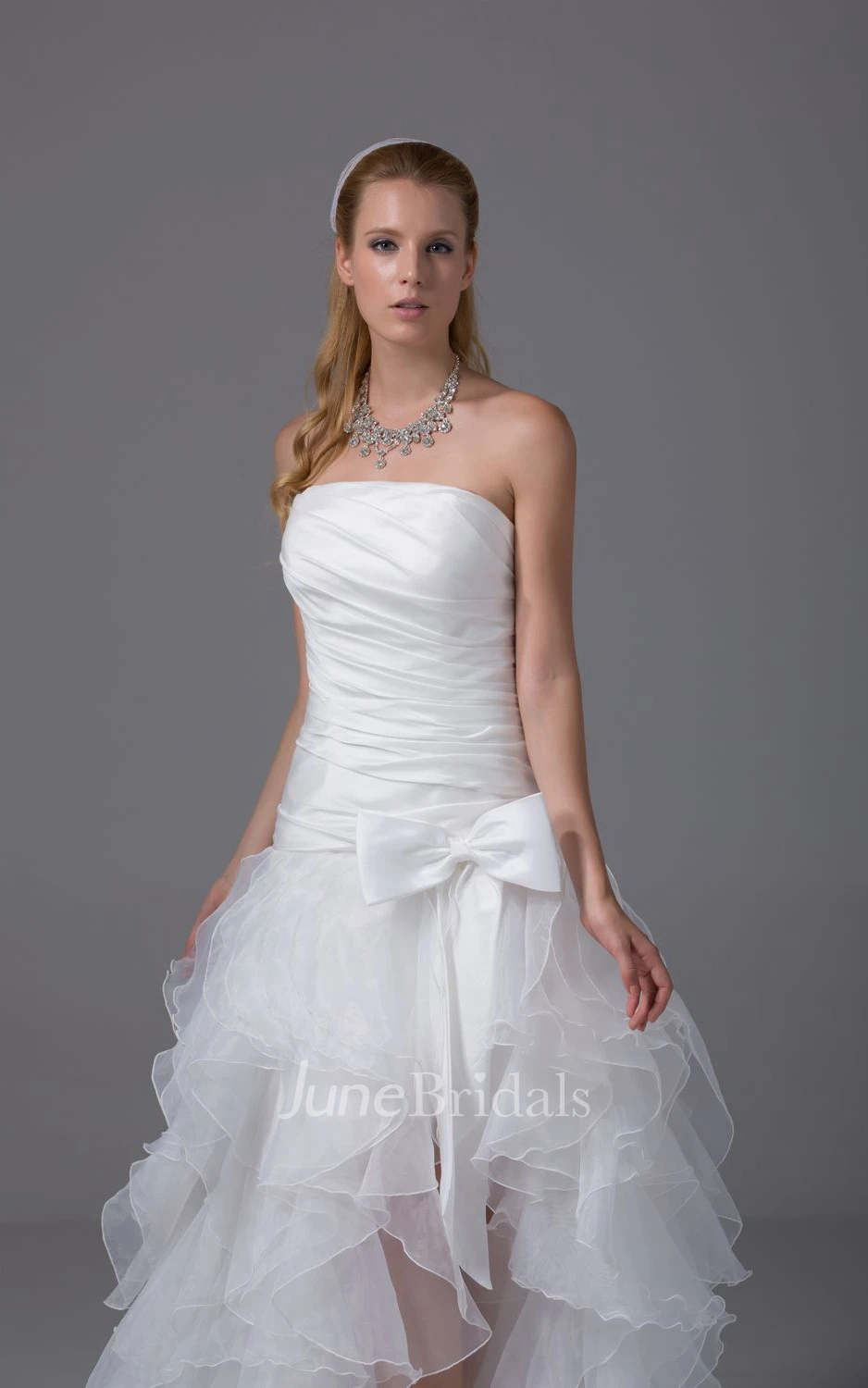 Strapless High-Low Organza Dress With Bow and Ruching