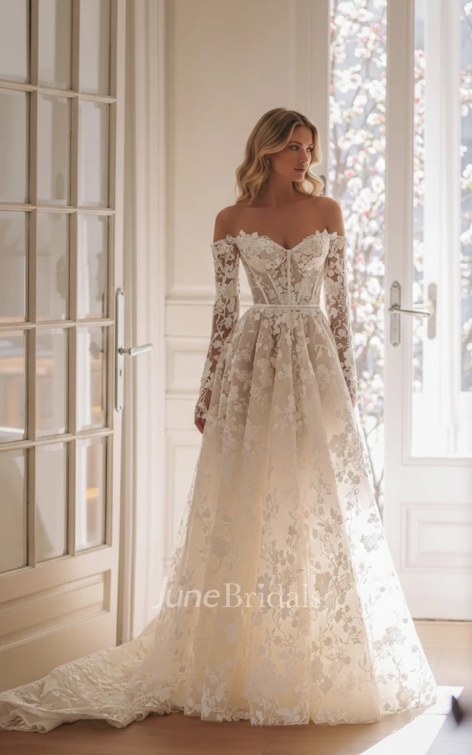 Off-the-Shoulder Long Sleeve Floral Lace A-line Wedding Dress with Corset Back