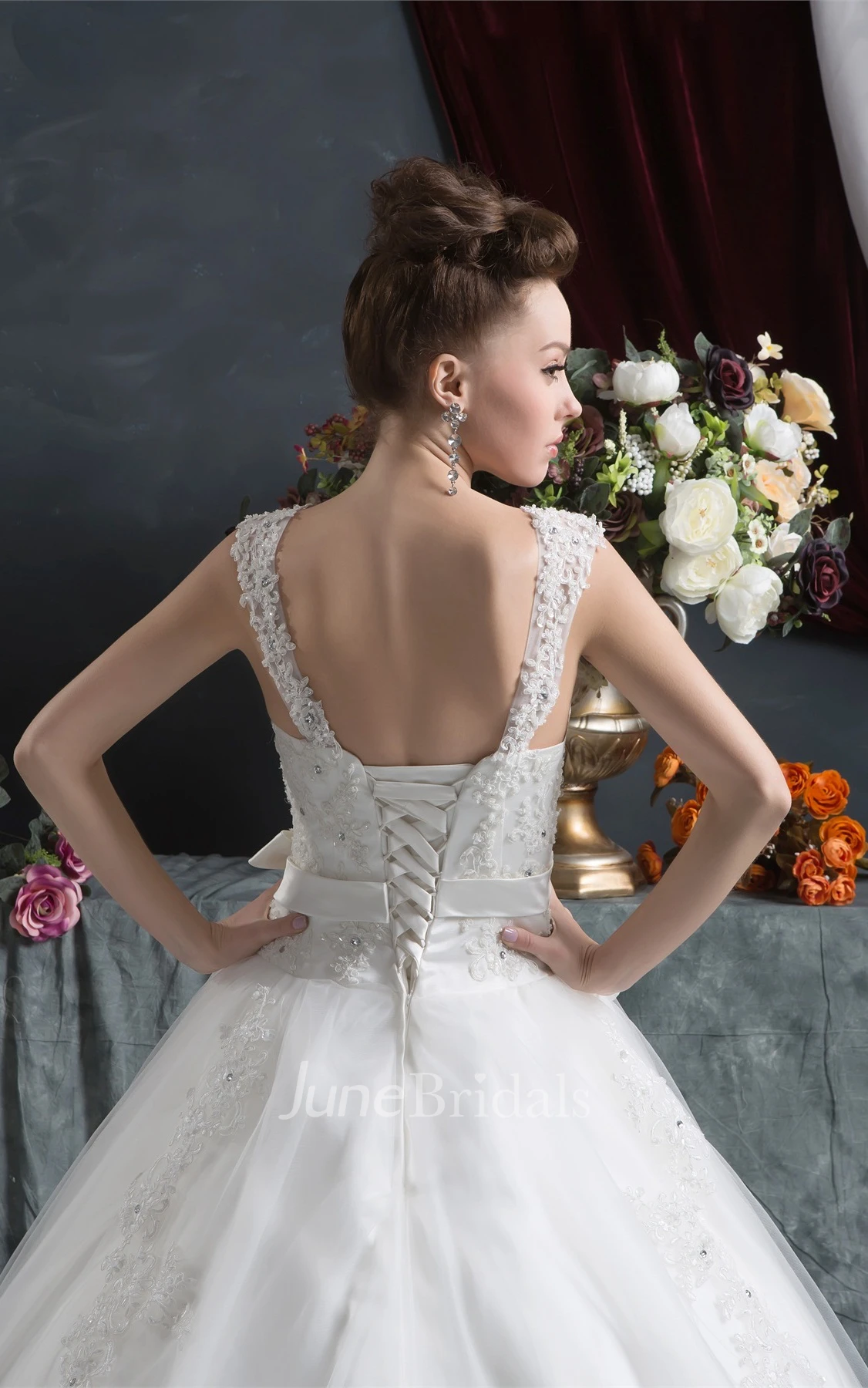 Strapped Tulle Ball Gown with Ribbon and Appliques