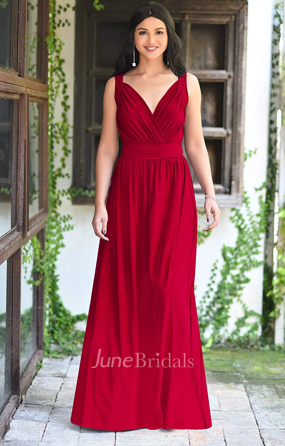 Sexy A Line V-neck Chiffon Sleeveless Long Bridesmaid Dress