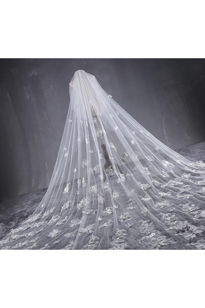 New Beautiful Long Tailed Bride Wedding Veil with Lace Flower