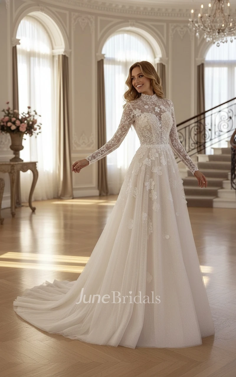 Modest Long-Sleeve High Neck Wedding Dress Lace A-Line Flower Bridal Gown