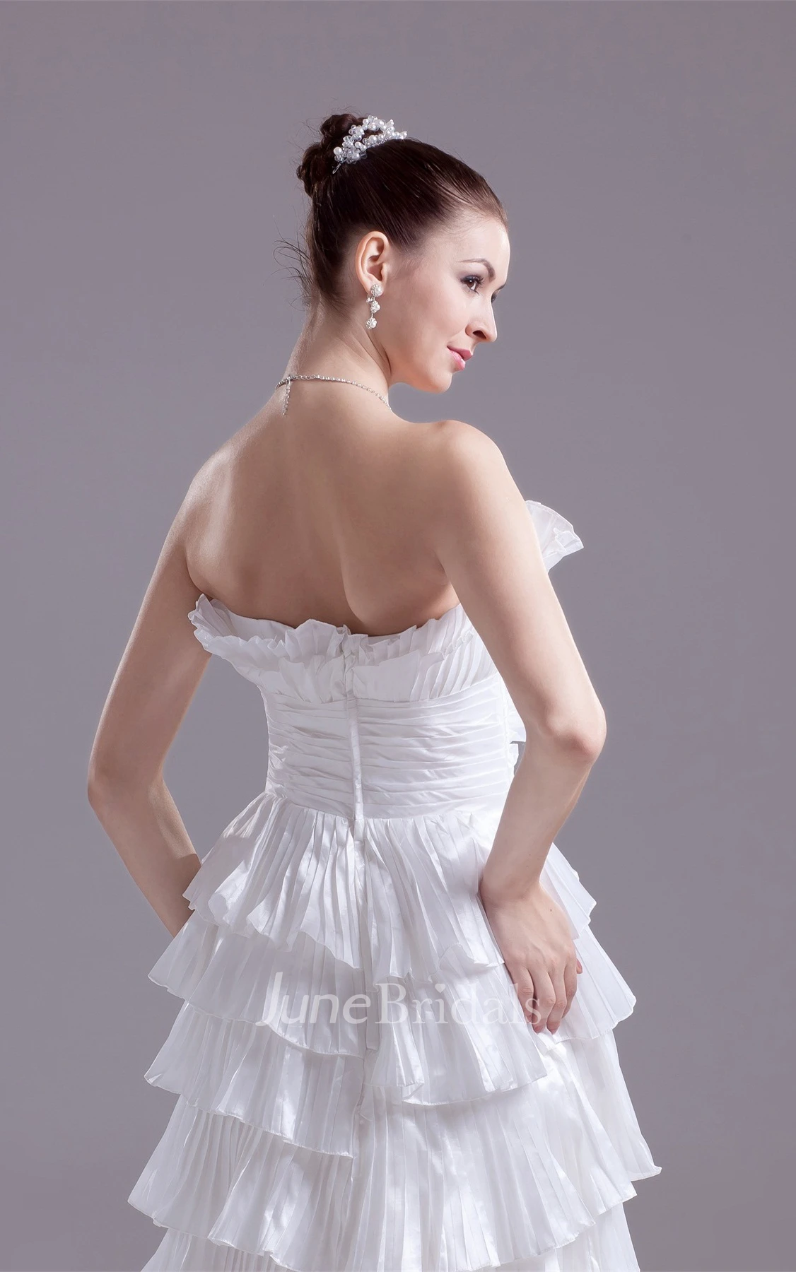 Strapless Tiered Floor-Length Dress with Ruching and Flower