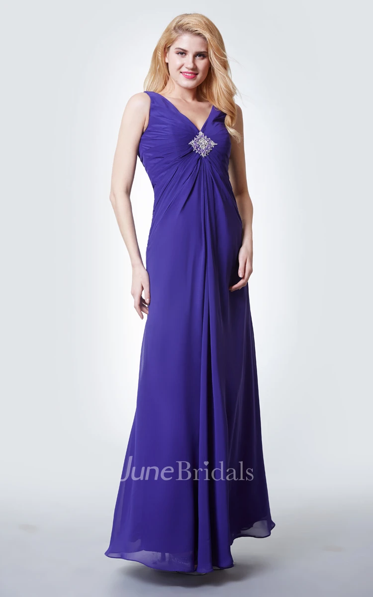 Wonderful V Neck Ruched Empire Waist Long Chiffon Dress With Beaded Brooch