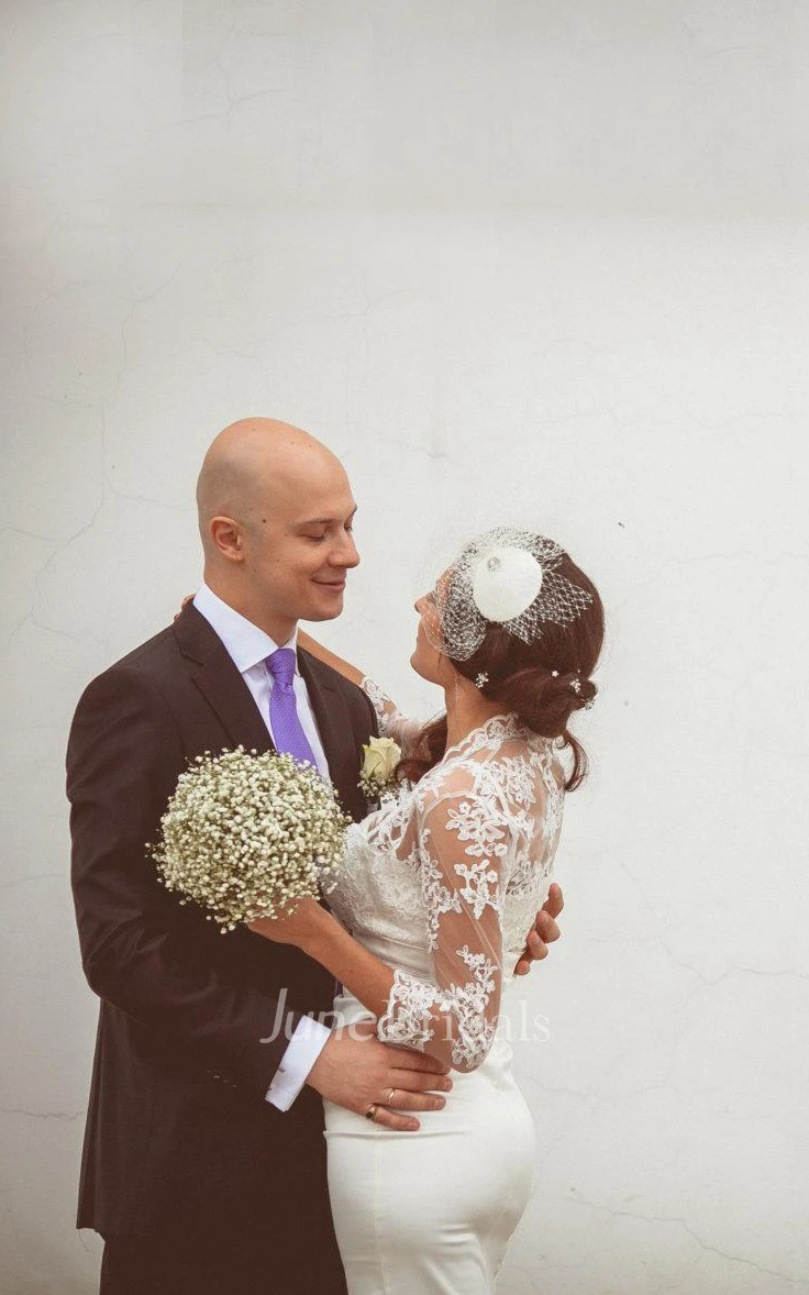 Queen Anne Sheath Tea-Length Satin Wedding Dress With Sash And Bow