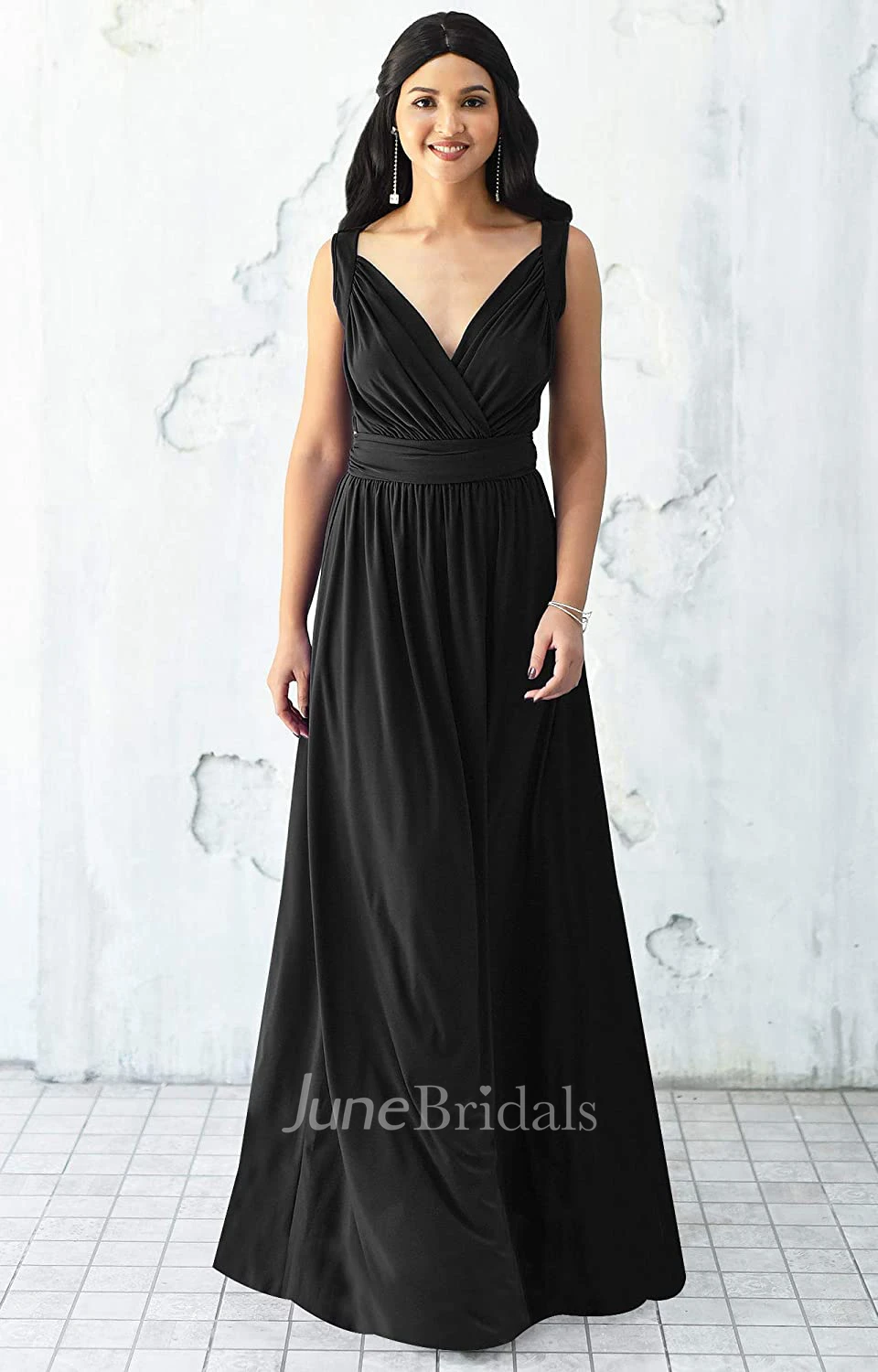 Sexy A Line V-neck Chiffon Sleeveless Long Bridesmaid Dress