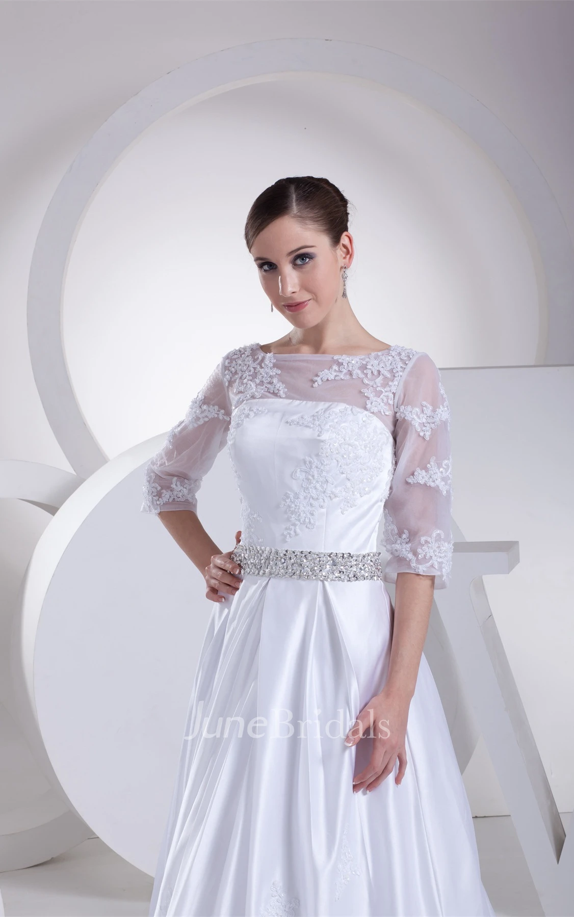 Long A-Line 3-4-Length Satin Sleeve Dress with Lace Illusion and Beading Belt