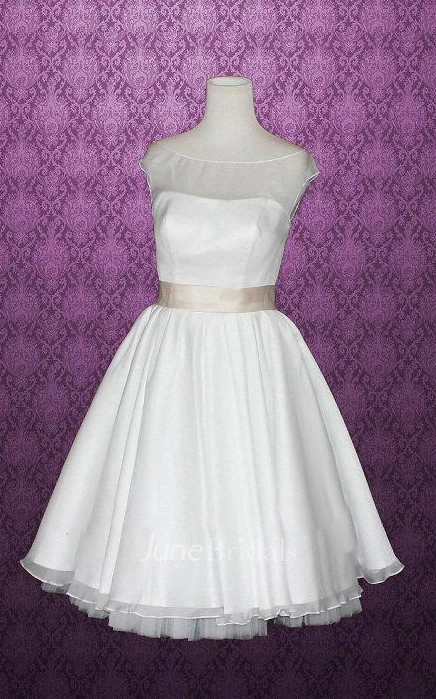 Bateau Knee-Length Satin Wedding Dress With Sash And Cap Sleeve