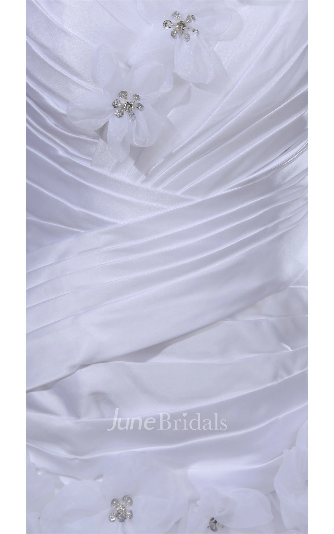 Sleeveless Ruched Ball Gown with Ruffles and Floral Strap