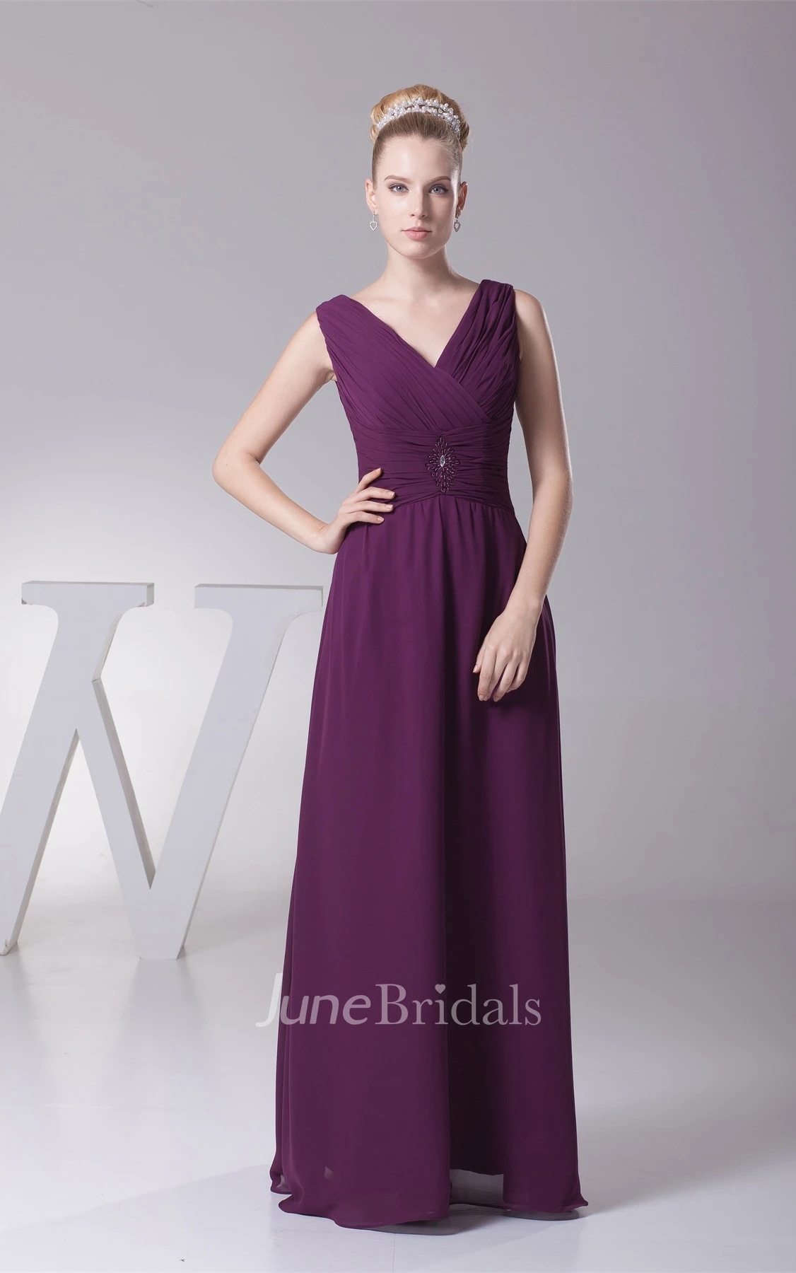 Plunged Criss-Cross Chiffon Maxi Dress with Broach and Bolero