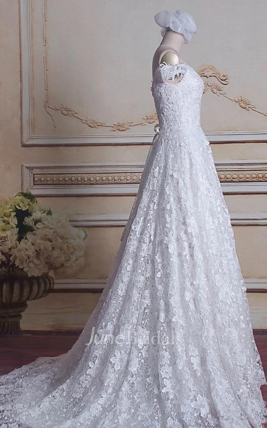 A-Line Off-The-Shoulder Tulle Lace Satin Dress With Lace-Up Back