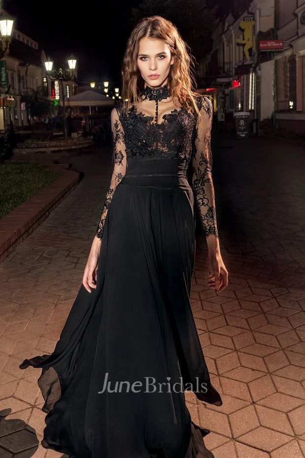 A Line High Neck Long Sleeve Lace Chiffon Illusion Dress With Appliques June Bridals