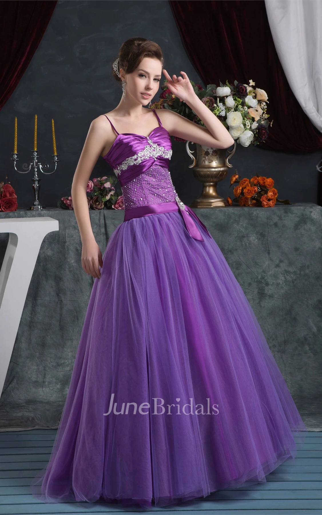 Spaghetti-Strap Beaded A-Line Gown with Pleats and Bow