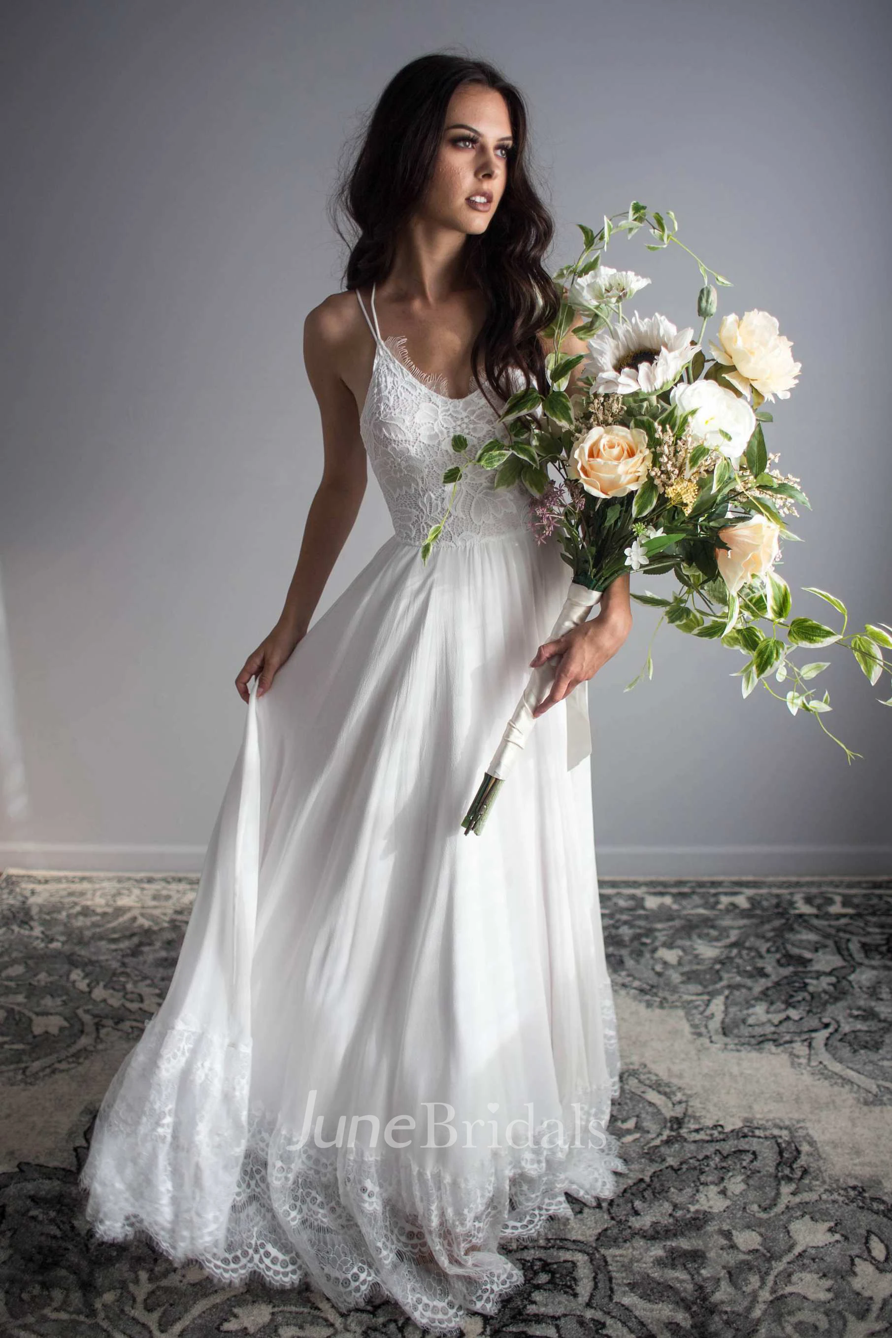 Ethereal Floor Length Chiffon Lace Wedding Dress for Summer