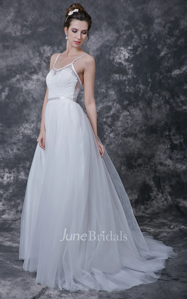 Spaghetti Strap Low V Neck Long Tulle Dress With Sash and Lace Detailing