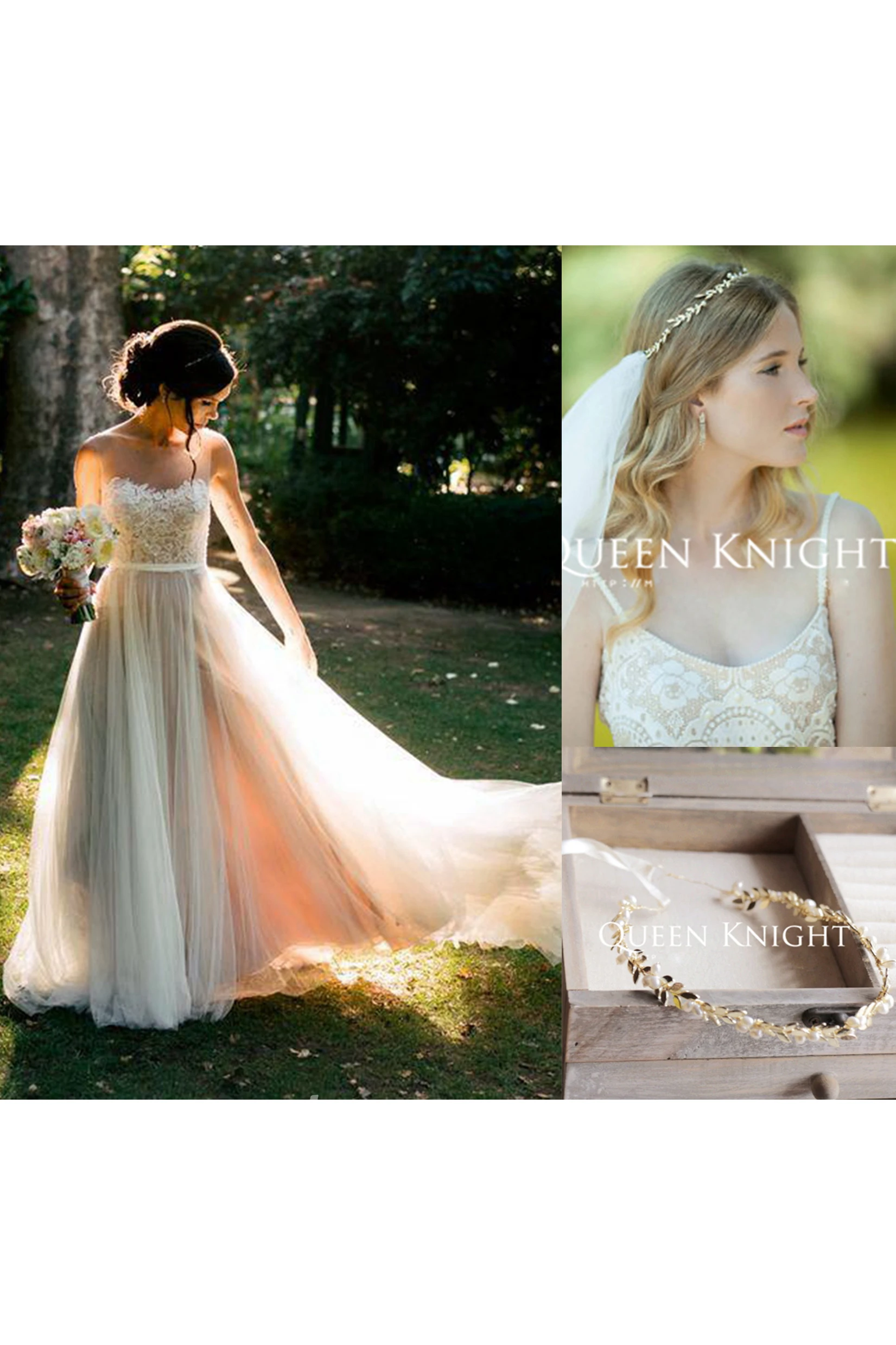 Tulle Lace Wedding Dress and Handmade Exquisite Copper-plated Leaves Hair Band