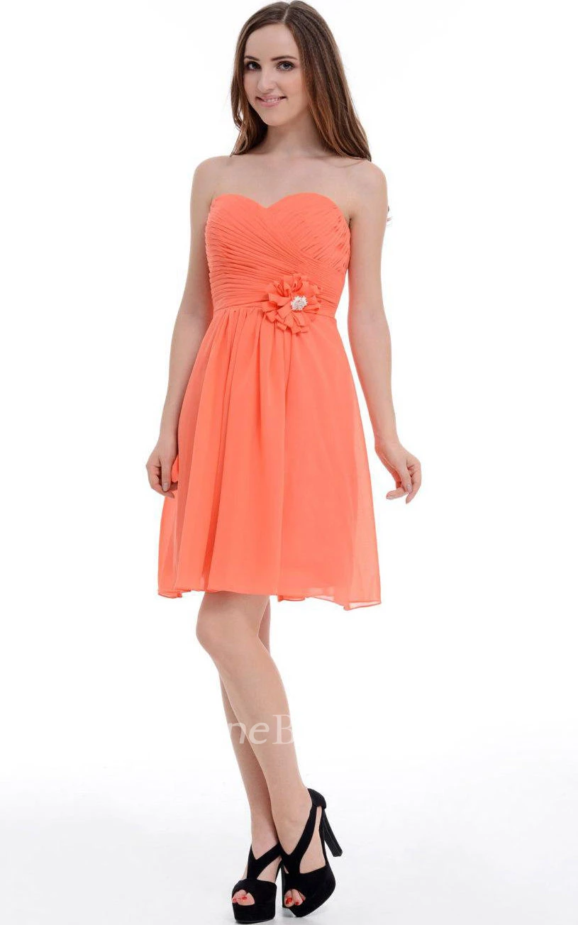 A-line Short Knee-length Sweetheart Chiffon Dress With Flower&Ruffles