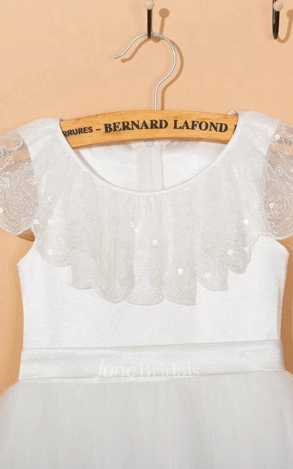 Cape Neck Pleated Tulle&Lace Dress With Flower Sash Ribbon