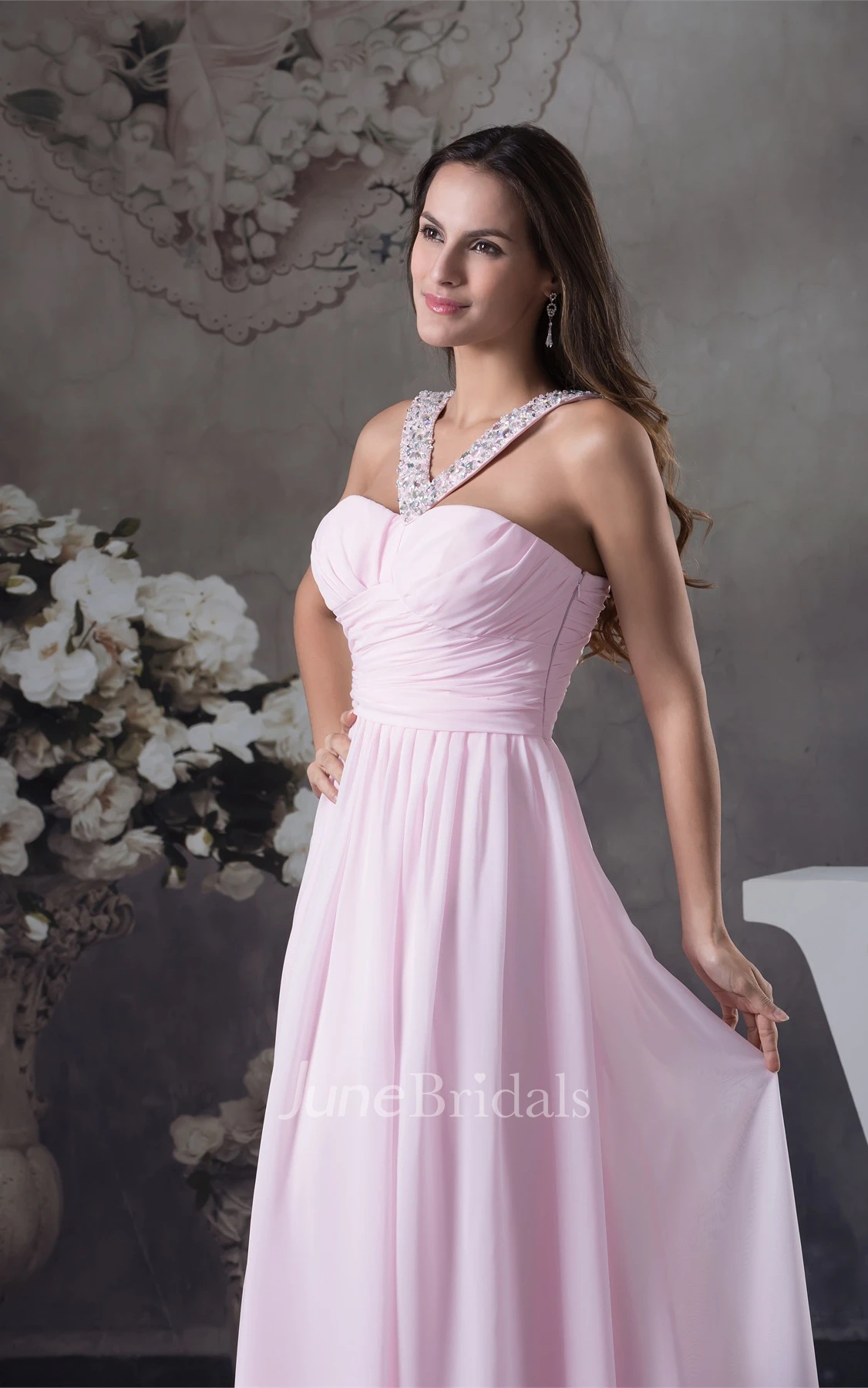Pastel Criss-Cross Chiffon Long Dress with Pleats and Beading
