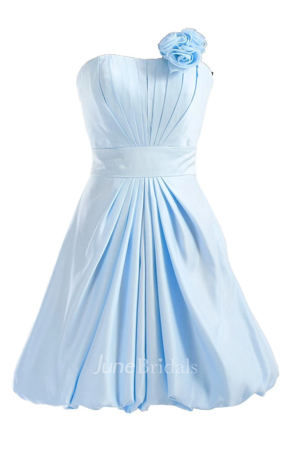 Strapless Appliqued Ruched Bodice Short Pleated Satin Dress