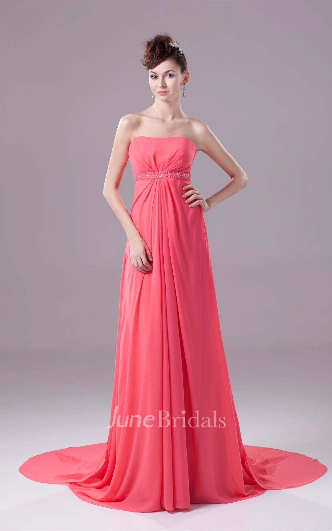 Strapless Central-Ruched Chiffon Maxi Dress with Beading and Empire Waist