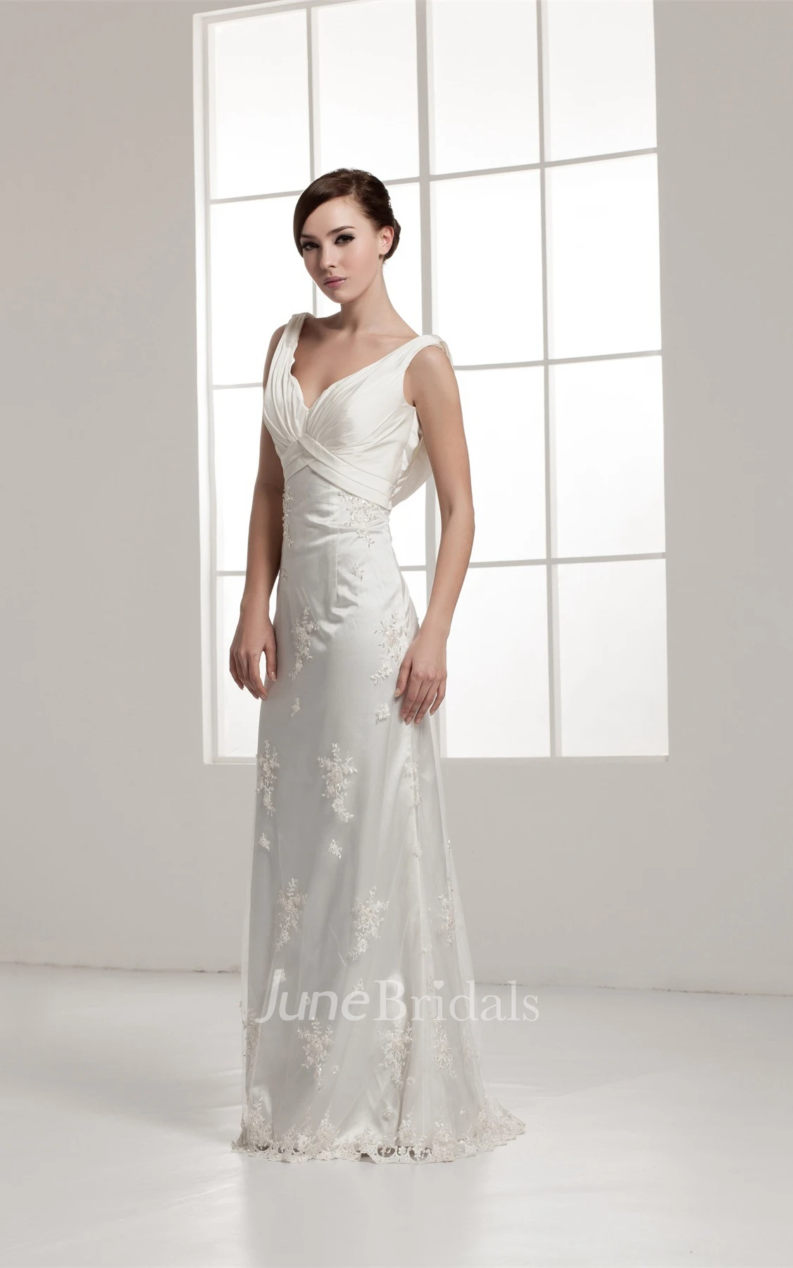 Deep-V-Neck Sheath Floor-Length Dress with Appliques and Ruching