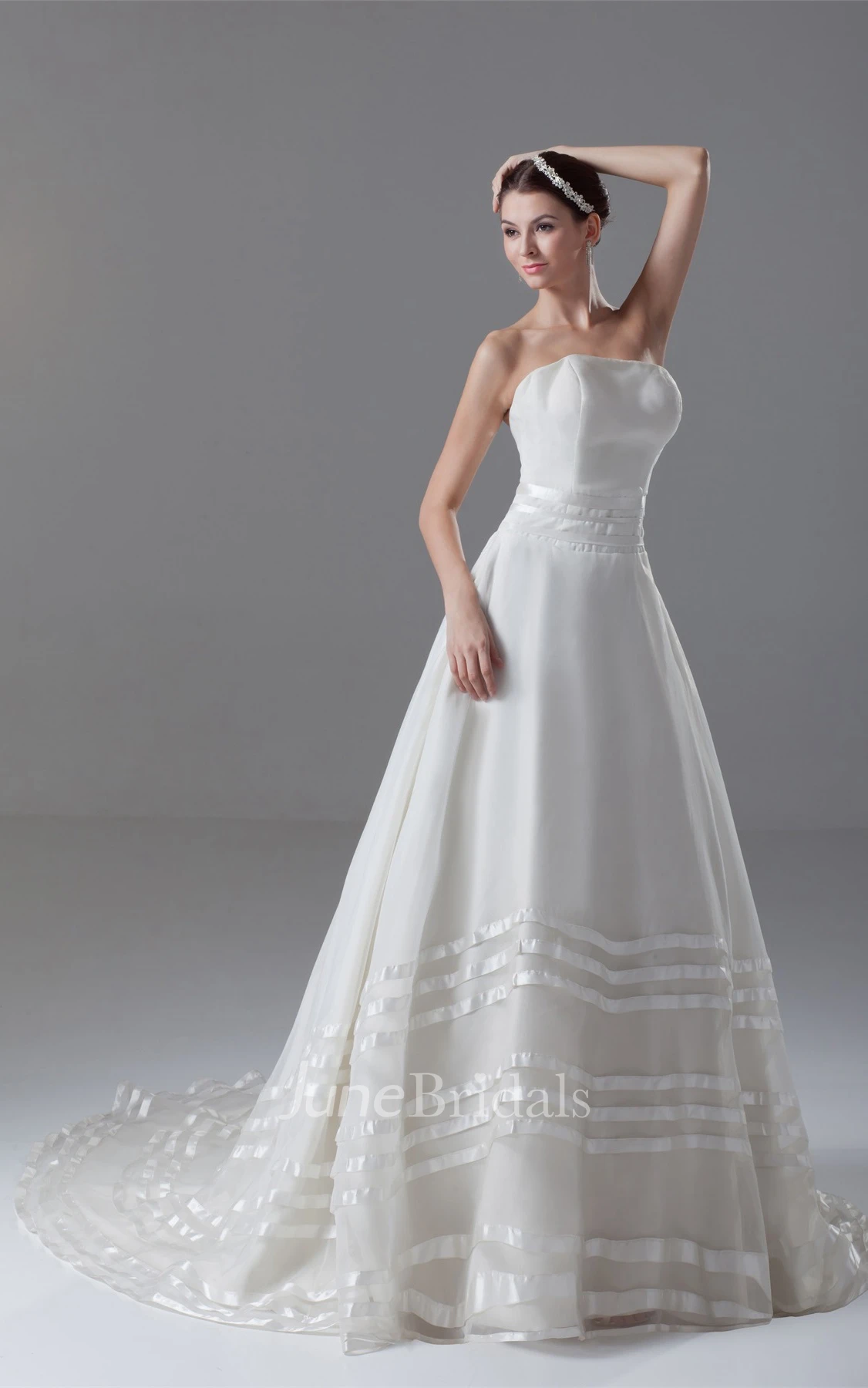 strapless ball a-line gown with backless design and court train
