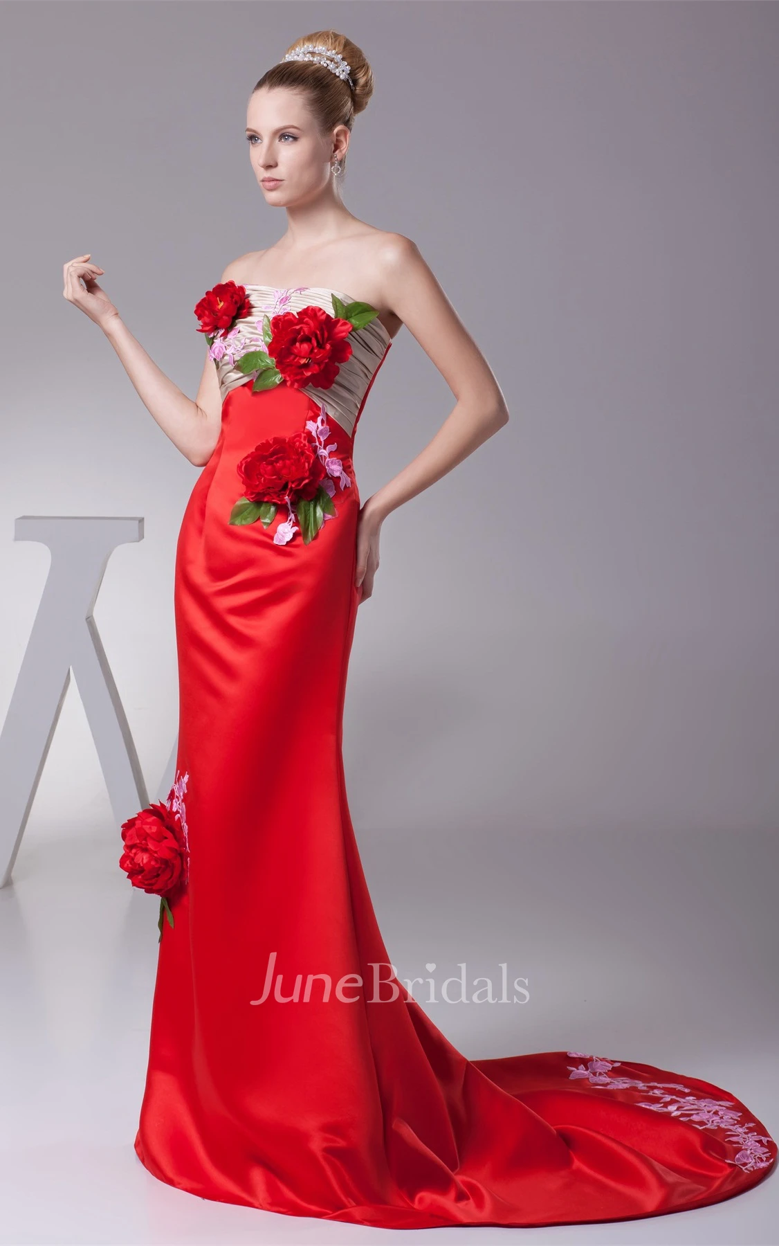 Floral Strapless Ruched Mermaid Satin Gown with Appliques