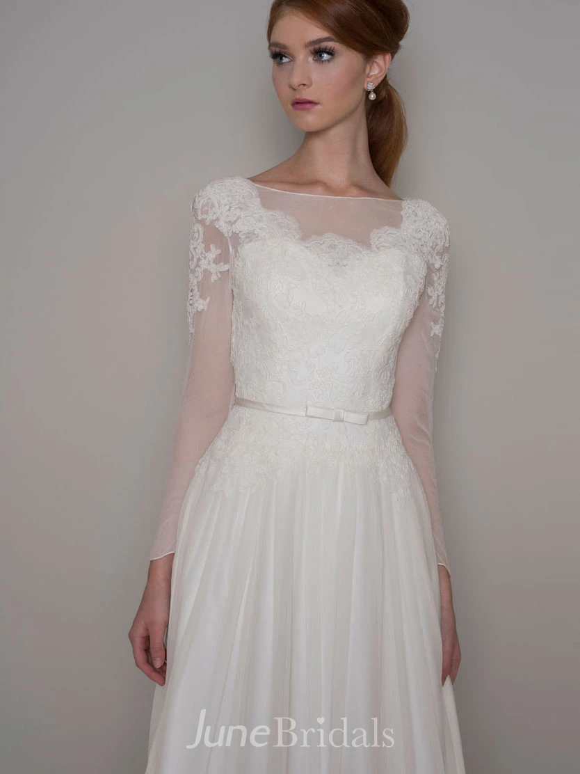 Sheath Long-Sleeve Bateau-Neck Chiffon Wedding Dress With Illusion