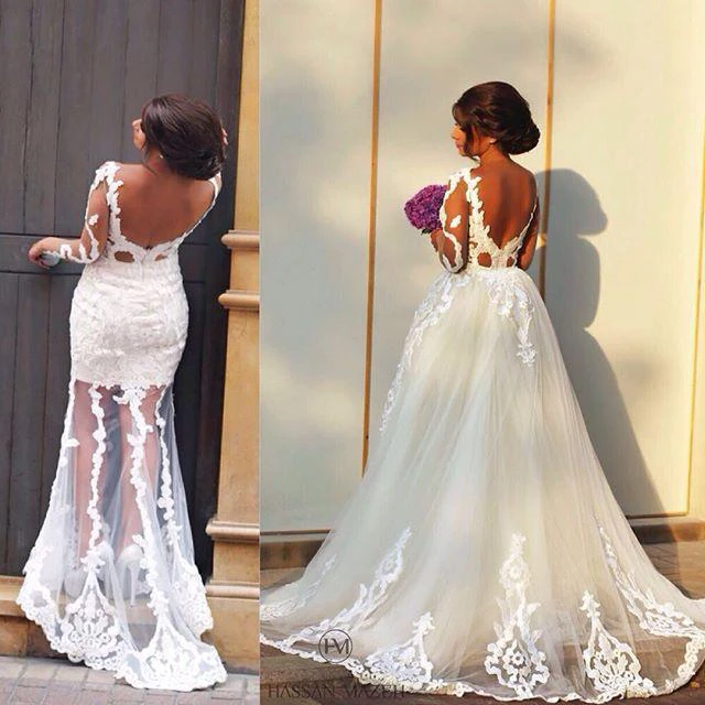 Delicate Tulle Lace Appliques Detached Wedding Dress Long Sleeve