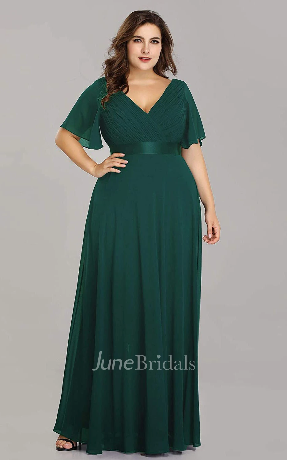 A Line V-neck Chiffon Half Sleeve Prom Dress With Criss Cross and Ruching