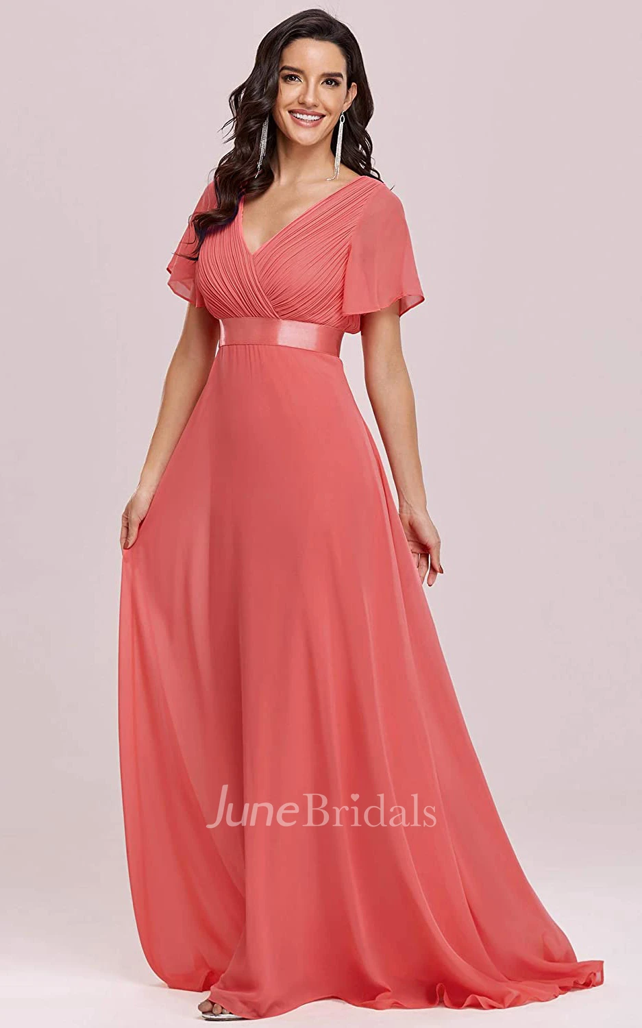 A Line V-neck Chiffon Short Sleeve Formal Mother Dress With Ruffles