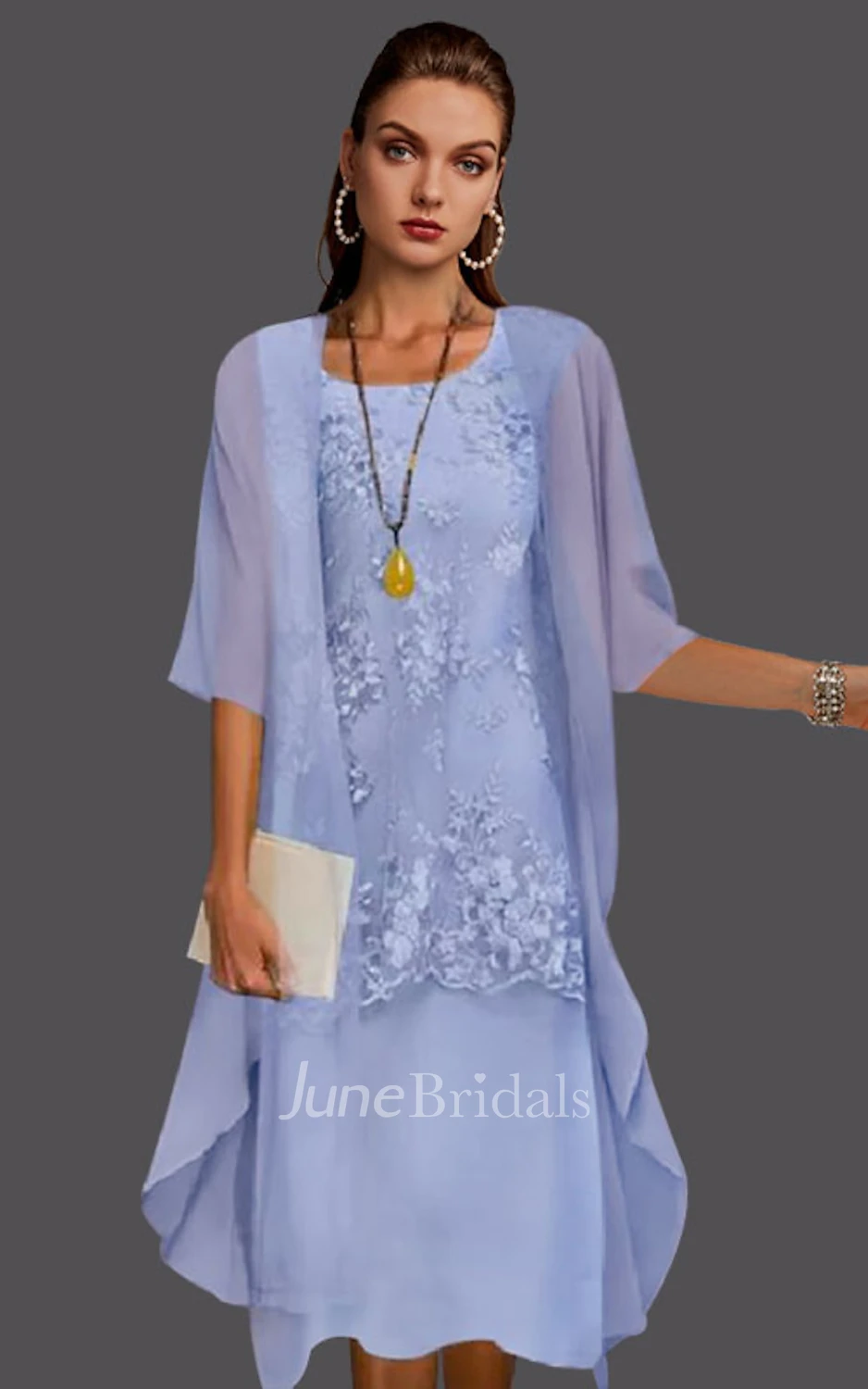 Pencil Chiffon Half Sleeve Illusion Mother of the Bride Dress Bateau Neck Knee-length Casual Modest Elegant