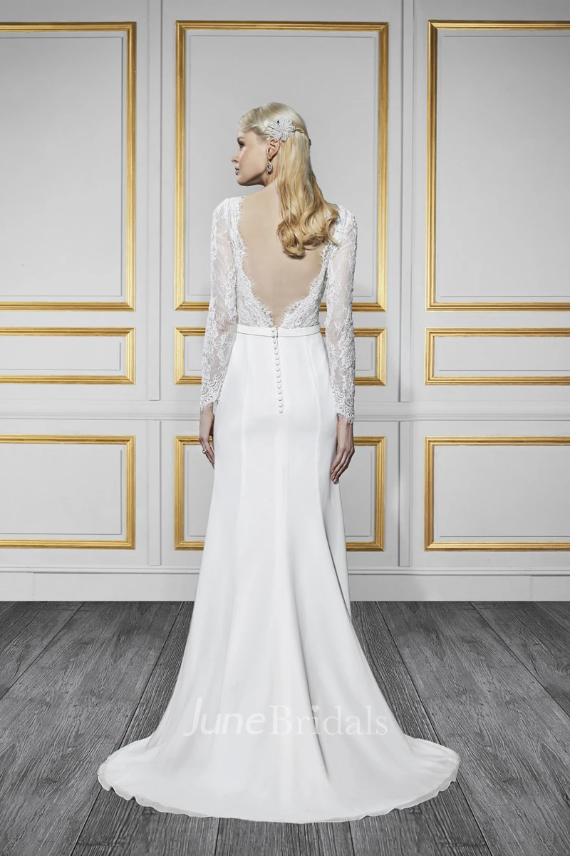 Bateau Long Long-Sleeve Appliqued Chiffon Wedding Dress With Sweep Train And V Back