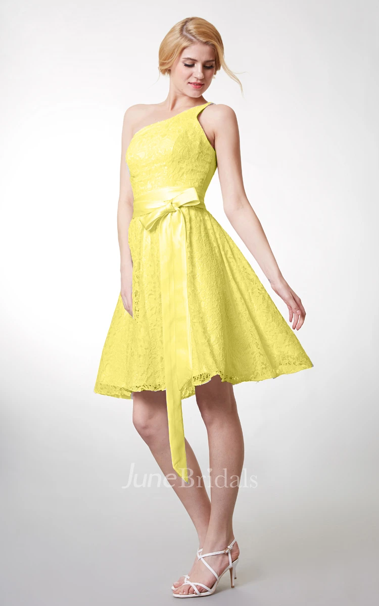 Beautiful Knee Length Lace Dress One Shoulder Neckline and Fitted Cut Flattering