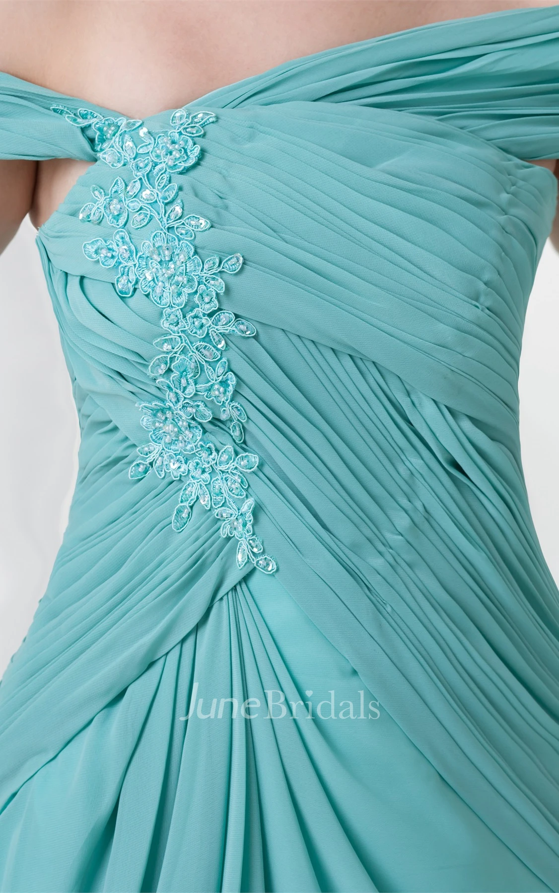 Off-The-Shoulder Chiffon Front-Split Dress with Ruching and Appliques