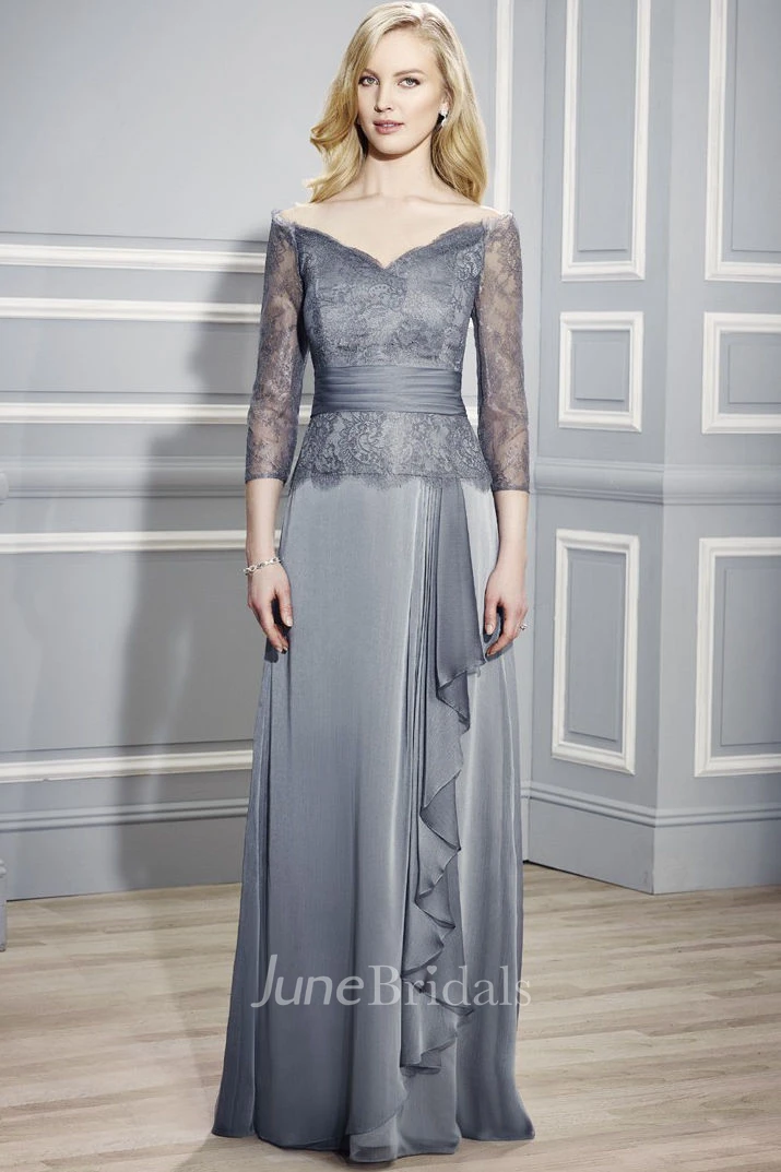 Off-the-shoulder Lace 3-4-sleeve Mother of the Bride Dress With Draping